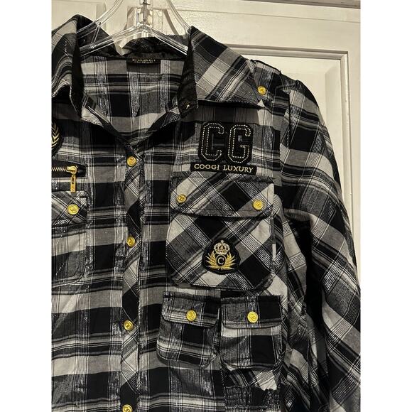 COOGI Women’s Black Embellished Button Shirt Gold Accents Size XL Smocked Waist - Picture 2 of 15